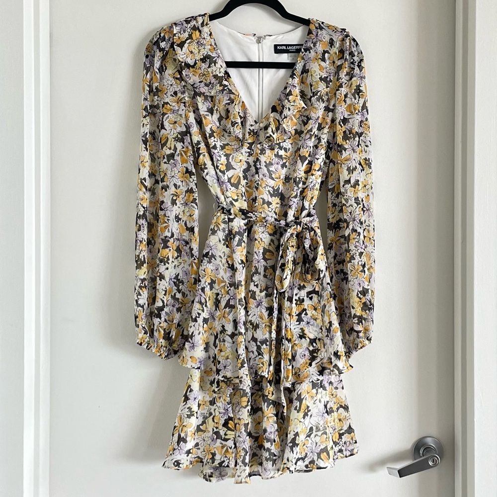 Karl Lagerfeld Ruffled Floral Print Chiffon Tie Waist Mini Dress Size 10